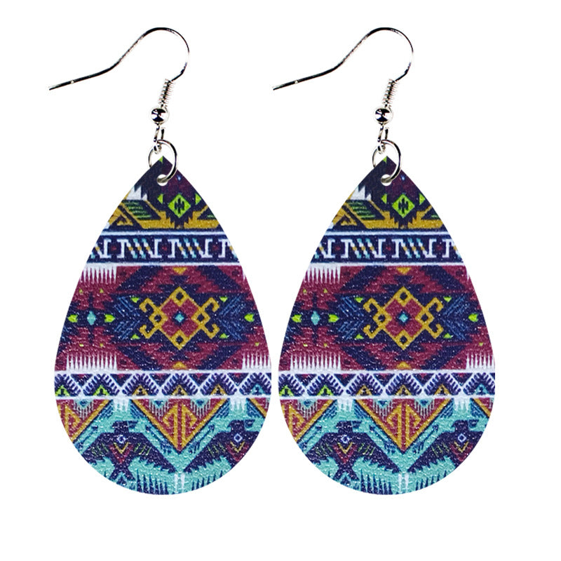 Wholesale Western Style Ethnic Totem Pattern Striped Leather Drop Shape Women's Earrings